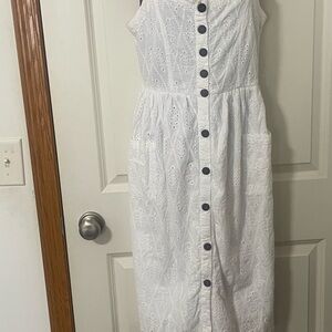 White Eyelet Button-Front Midi Dress with Pockets